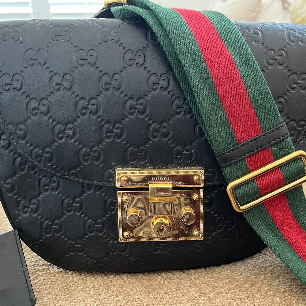 Gucci  Guccissima Web Medium Padlock Messenger Shoulder Bag Black